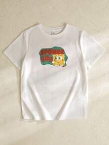 SpongeBob SquarePants | SHEIN 1件休闲可爱男童短袖圆领T恤 - 白色 - 查看 3