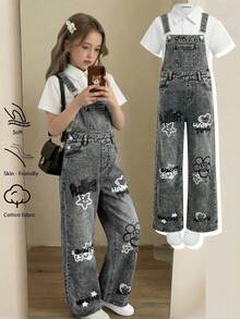 SHEIN Quần yếm denim dáng rộng màu xám in họa tiết hoa và mặt cười dành cho bé gái. - Xám - Xem 3