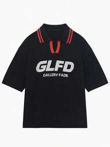 GALLERY FADE Camiseta de punto de manga corta con estampado de letras para hombre - Negro - Ver 3