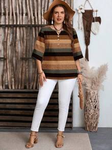 EMERY ROSE Plus Size Women Patchwork Color Casual Minimalist Daily Wear Shirt, Suitable For Summer - Multicolor - View 4