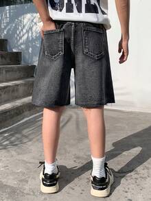 SHEIN 青少年男孩時尚返校街頭風混搭百搭設計 Y2K 復古酷炫閃亮十字水鑽設計黑色寬鬆牛仔短褲 兒童男孩柔軟日常穿搭 秋季或冬季返校返校派對狂歡節海灘街頭風校園水鑽短褲閃亮牛仔短褲 - 黑色 - 查看 2