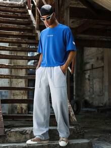 PAVTROS Pantalones de chándal holgados de pierna ancha con cordón y bolsillos, de color liso y casual para hombre - Gris Claro - Ver 4