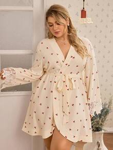 CottageSlumber Cherry Print Ruffle Splice Romantic Plus Size Robe - Apricot - View 4