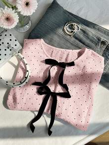 Comfortcana 加大码粉色圆领花瓣袖波点蝴蝶结装饰衬衫 - 粉色 - 查看 5