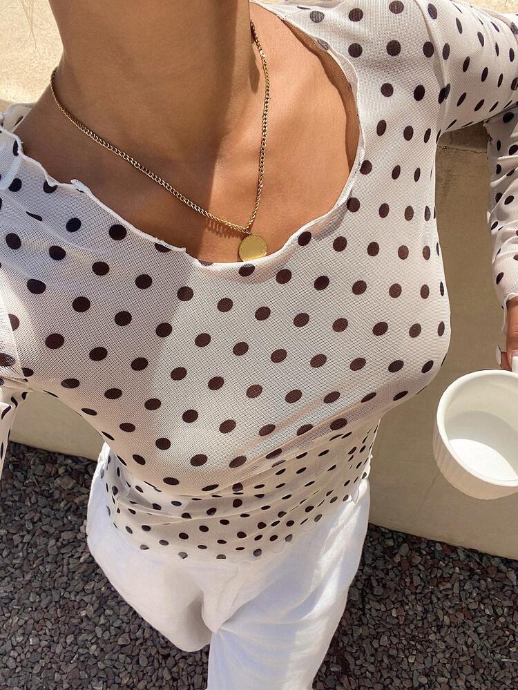 Women's Polka Dot Sheer Long Sleeve Crew Neck Undershirt, Spring/Summer