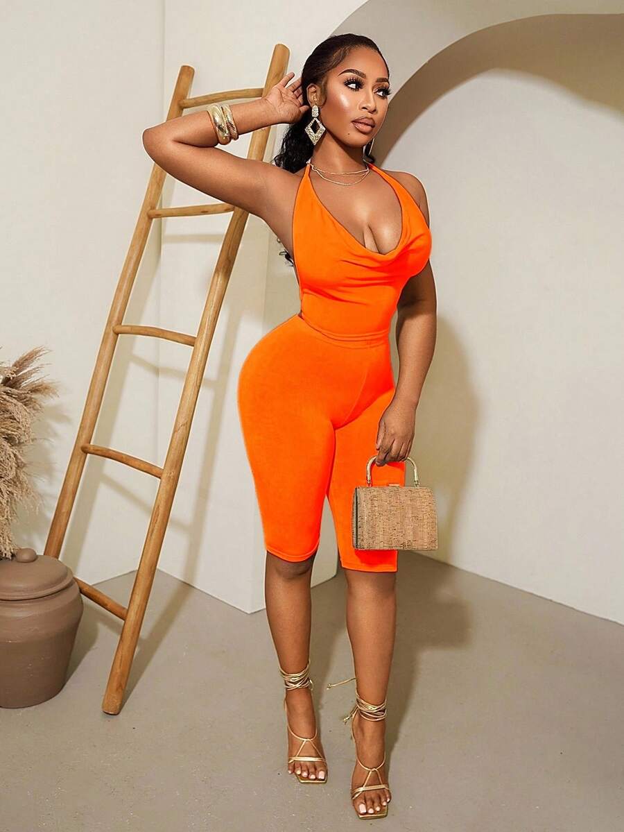 BamGleam 度假必备：露背吊带背心搭配七分裤，湖蓝色垂褶领口系带设计，性感两件套 - 珊瑚橙 - 查看 1