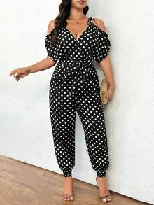 Elenzga Women's Black And White Off-Shoulder V-Neck Loose Casual 80s Jumpsuit, Summer Vacation - Black - View 3