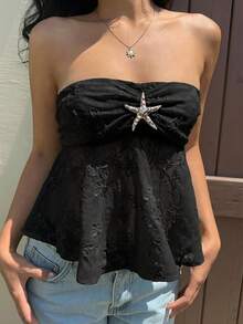 MainGRL Women's Solid Color Embroidered Textured Fabric Camisole, New Sexy Black Backless Camisole For Summer, Retro Bohemian Style Star Metal Buckle Decor Bandeau Top,Summer Top - Black - View 4