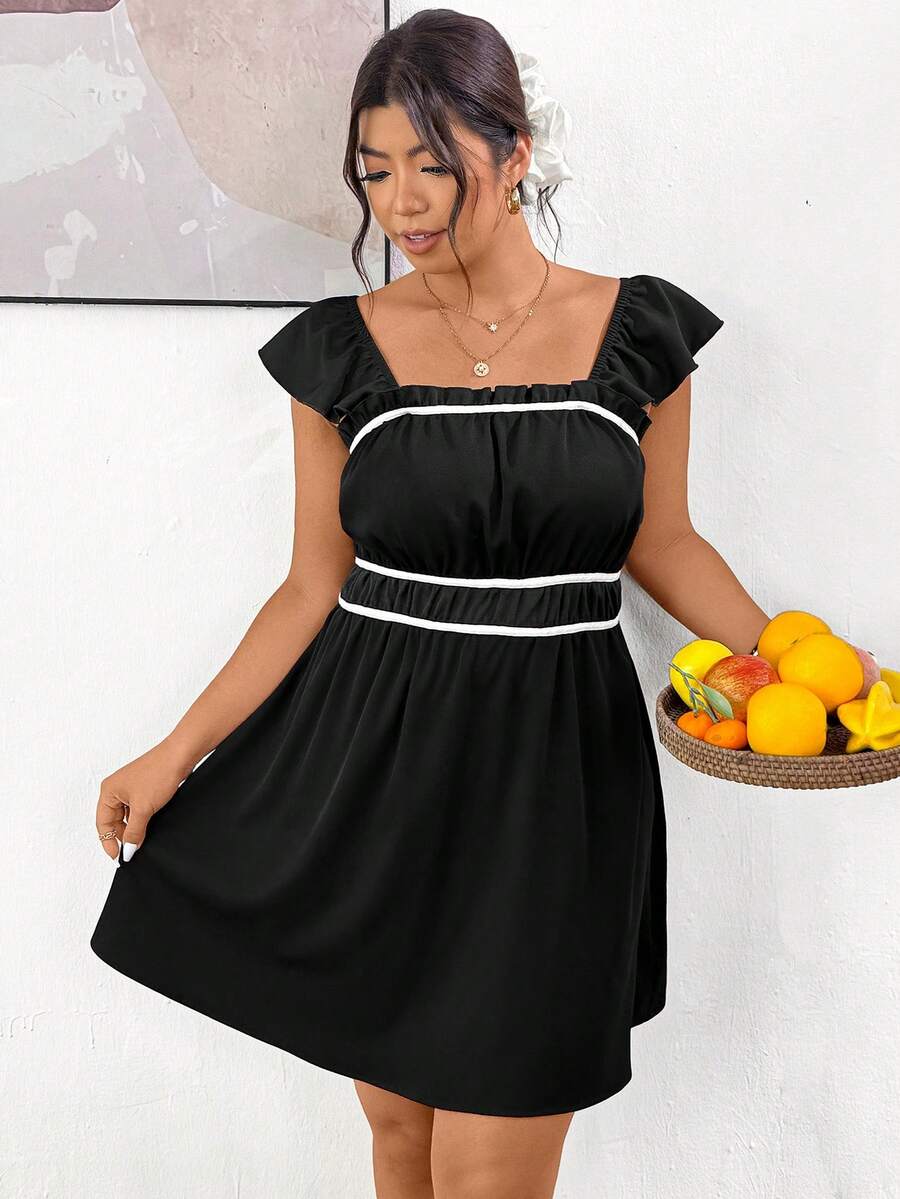 Lounesse Vestido casual de vacaciones para mujer talla grande en blanco y negro con cintura ceñida y mangas volantes, lindo vestido de verano para picnic de damas - Blanco y Negro - Ver 1