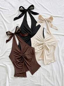 Soleia 3 Stücke V-Ausschnitt Knotenfront Twist asymmetrischer Saum figurbetontes Top, Gelb, Beige, Hellblau, geeignet für Urlaub, Date, Nachmittagstee, Reise, Musikfestival, Boho, Sommer, Strand - Verschiedenfarbig - Übersicht 4