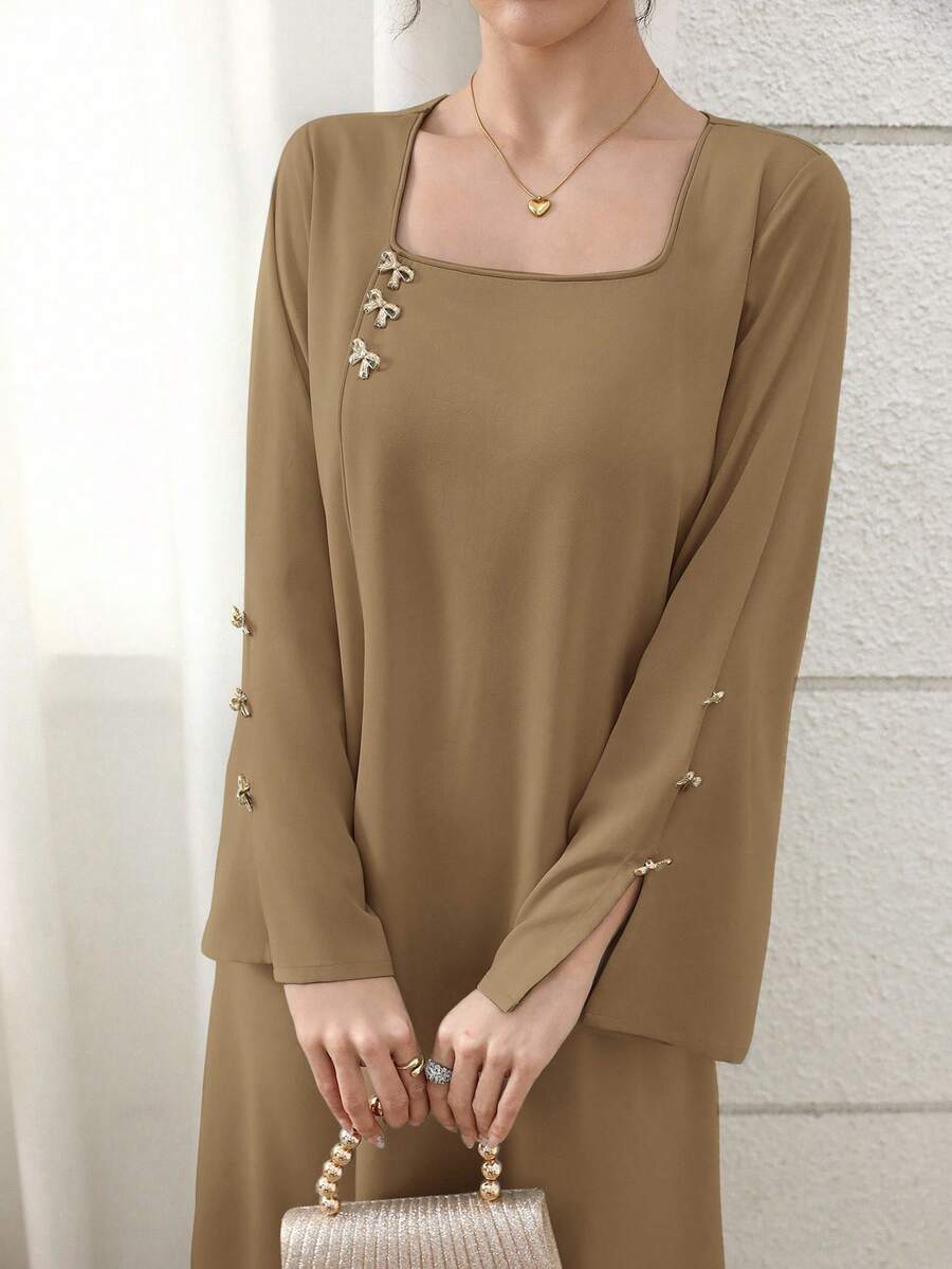 Yasmyna Kaftan & Jalabiya Wanita Warna Hijau Mint dengan Hiasan Pita Tekstur Buatan Tangan