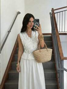 Firerie Women's Elegant Lace V-Neck Cap Sleeve Top And A-Line Skirt Suit,Elegant Romantic Delicate Atmosphere New Year Party Valentine's Day Date Mandarin Collar Lace Sheer Lantern White Blouse And Skirt Suit For Summer Greek Style Dress Classy Dresses For Ladies Greece Outfits For Women Women Elegant Outfits Women Dresses Elegant Classic,Work Outfits For Women - White - View 4