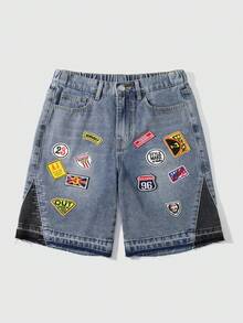ROMWE MEN Street Life Quần short denim dáng rộng, thoải mái, có túi vá in chữ dành cho thiếu niên. - Màu xanh lam - Xem 1