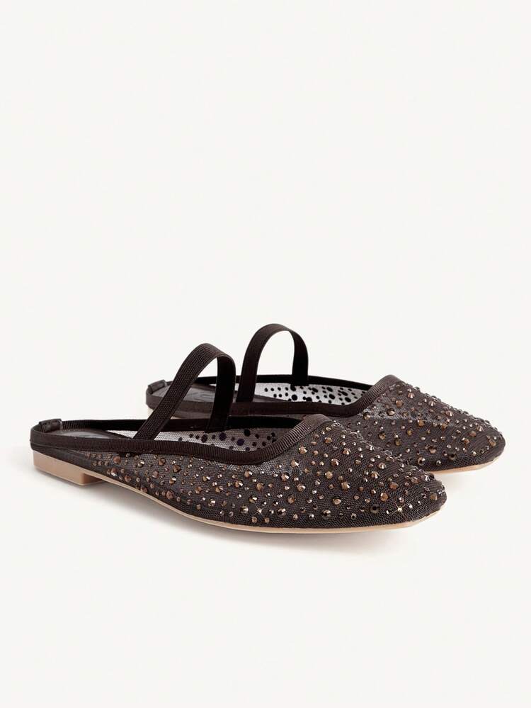 CUCCOO CHICEST Women Shoes Spring And Summer Fashion Dark Coffee Full Diamond Mesh Elastic Band Women Flat Mule Shoes Elegant Comfortable Cute Sweet Women Flat Shoes Half Slippers