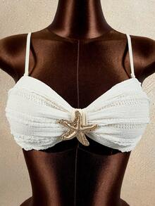 Zestiva Women's Textured Bandeau Bikini Set With Starfish Metal Decor, 3 PiecesSwimsuit For Beach Party And Holiday - Pink - View 7