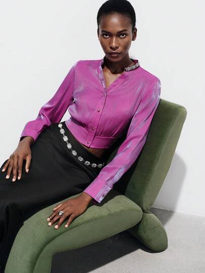 Aveloria Modichic Shiny Satin Iridescent Purple Women's Short Sleeve Blouse, Embellished Collar Design, Elegant Versatile Office Wear