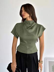 SHEIN Tall 领口不对称袖侧边褶皱收腰通勤竹麻面料女式衬衫，四季皆宜，巧克力棕色上衣 - 軍綠色 - 查看 3