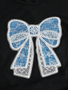SHEIN Elladie kids 2件套少女休闲T恤和工装裤套装，蝴蝶结刺绣图案圆领短袖T恤和裤子，春夏时尚套装 - 藍色 - 查看 7