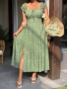 Sunnyshic Ditsy Floral French Collar Slit Dress - Green - View 7