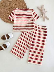 SHEIN Baby Girl Striped Print Short Sleeve T-Shirt And Pants Casual Outfit - Red - View 2