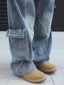 Manfinity EMRG Quần jean nam màu xanh denim dáng rộng ống rộng - Rửa nhẹ - Xem 7