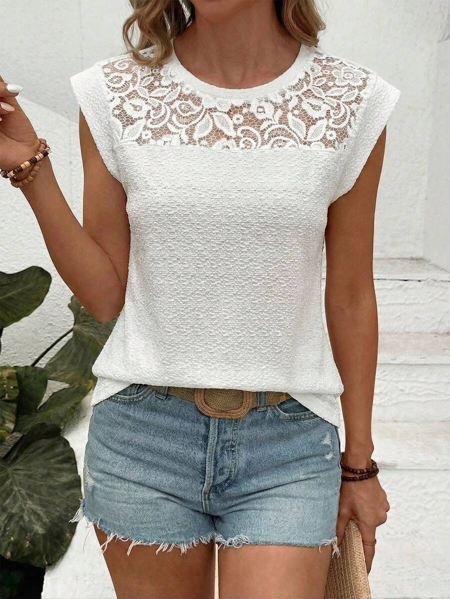 Lymera Women's Round Neck Lace Casual Versatile Daily Wear Short Sleeve T-Shirt, Spring/Summer - White - View 1