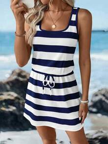Easowa 休闲简约日常基础款蓝色条纹航海风沙滩装，女士夏季连衣裙，收腰设计，印花图案 - 彩色 - 查看 1