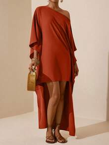 Vesra Women's Summer Minimalist Solid Color Asymmetric Hem Dress - Rust Brown - View 3
