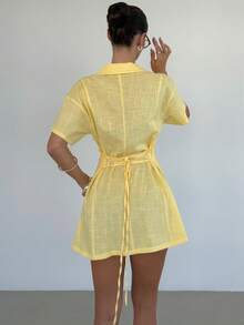 Siren Gaze Women's Elegant Pale Yellow Polo Collar Short Sleeve Mini Dress,Summer Beach Vacation A-Line Sundress,Tea Party Brunch Picnic Outfits - Pale Yellow - View 5