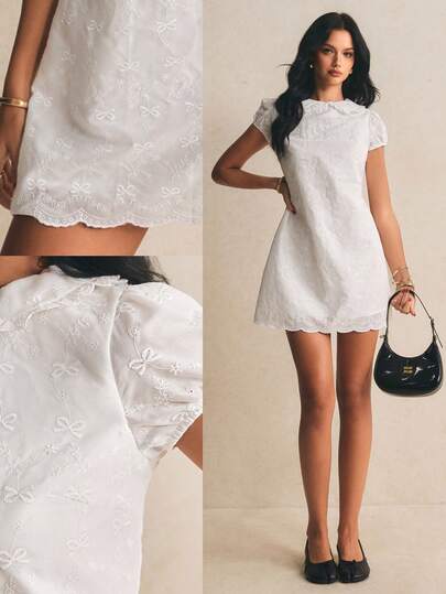 Poéselle Đầm ngắn tay đơn sắc tối giản dành cho nữ, trang trí nơ, thích hợp mặc hàng ngày.
