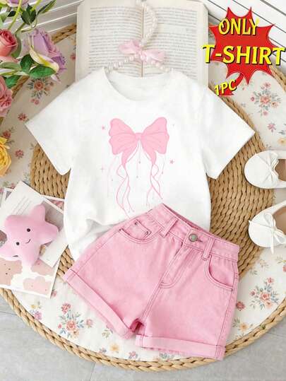 Spring And Summer Casual Fashionable Creative Personalized Fresh Minimalist Cute Kawaii Cartoon Pink Bow Love Graphic Letter Print Basic White Short T-Shirt, Comfortable Daily Wear, Cozy Summer And Fall Styles Suitable For Baby Girls Spring, Summer And Autumn