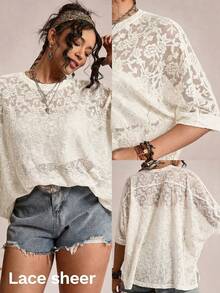 Freevana 大码薄纱蕾丝休闲T恤 - 米色 - 查看 1