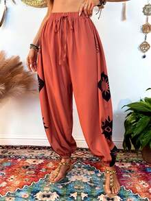 Fembélia 印花宽松抽绳休闲街舞裤 - 棕色 - 查看 6