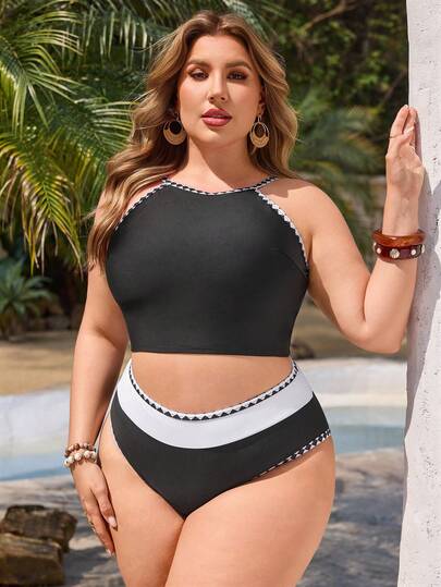 Swim Lushoire Bộ bikini hai mảnh cỡ lớn dành cho nữ, màu đen trắng trơn, thời trang, thích hợp cho kỳ nghỉ và sinh hoạt hàng ngày, kiểu dáng phối màu, cạp cao, dây đeo điều chỉnh được, hình tam giác.