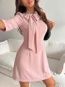 Women's Patchwork Bow Tie Waist Short Dress Sundress - Baby Pink - View 4