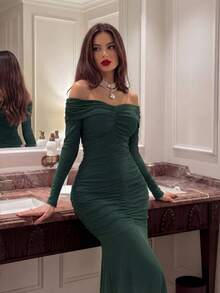 DAZY Elegant Solid Color Open Shoulder Ruched Midi Dress For Women, Spring/Summer Sundress Off The Shoulder - Dark Green - View 7