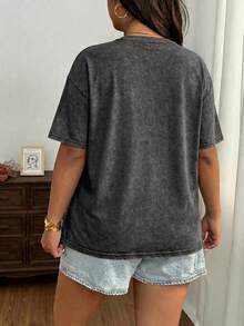 SHEIN EZwear Black Vintage Distressed Cotton Embroidered Loose T-Shirt, Plus Size - Black - View 2