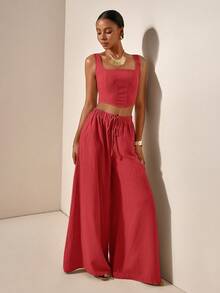 Zivah Setelan 2 Potong Wanita Musim Panas Elegan Warna Merah, Atasan Crop Bertali Motif Tulang Ikan Bertekstur dan Celana Panjang Lebar dengan Saku, Pakaian Santai Musim Semi Musim Panas untuk Berlayar - Rose Red - View 5
