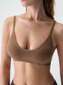 Loungeista 1 pieza Sujetador sin aros cómodo de unicolor para mujer para el verano - Café integral - Ver 6