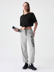 SHEIN 落肩抽绳下摆 T 恤和字母图案裤休闲套装 - 彩色 - 查看 11