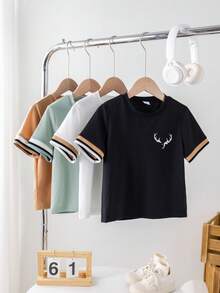 SHEIN 4件套男童休闲简约圆领短袖T恤，卡其绿、黑、白组合，夏季日常百搭 - 彩色 - 查看 9