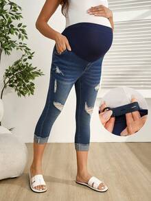 SHEIN 时尚休闲孕妇破洞弹力修身七分牛仔裤，适合春夏穿着 - 藍色 - 查看 1