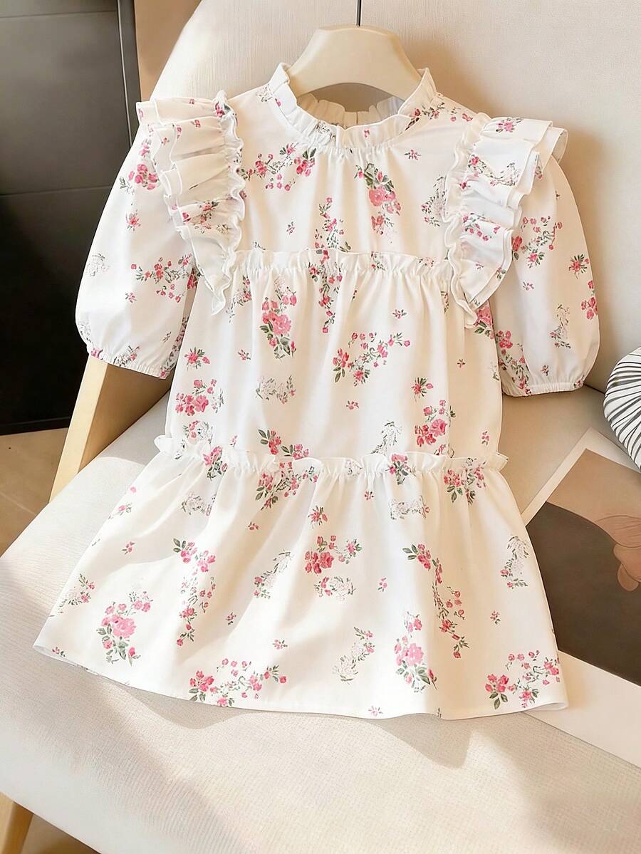 GlowEve 女士时尚优雅休闲度假浪漫居家通勤迷人荷叶边圆领双层泡泡袖荷叶边下摆装饰泡泡袖荷叶边下摆层叠A字宽松修身衬衫（随机印花） - 白色 - 查看 1