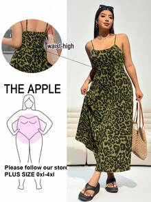 SHEIN EZwear 大码豹纹吊带连衣裙，腰部系带可调节，配有隐形拉链，适合春夏穿着。 - 軍綠色 - 查看 1
