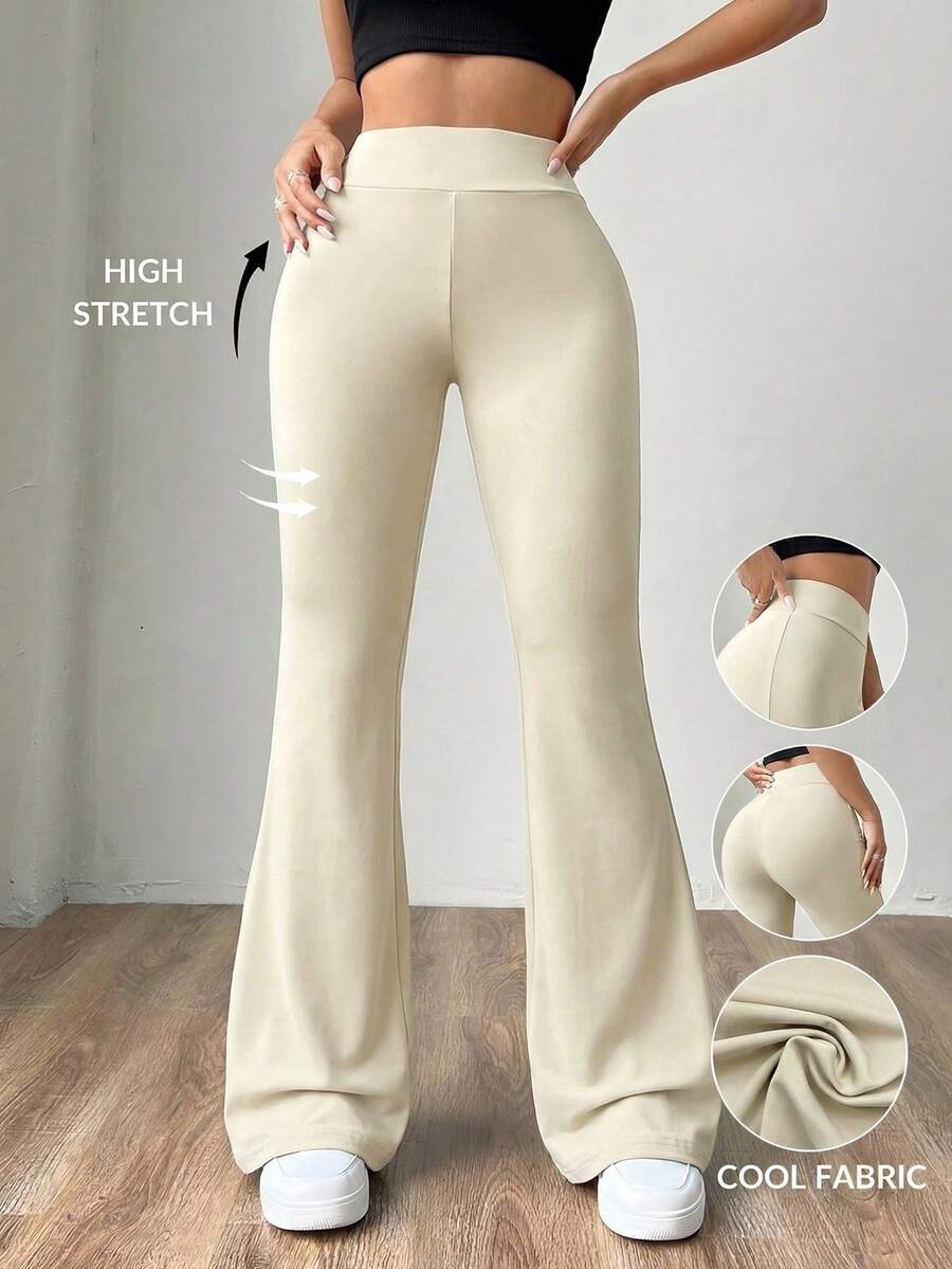 SHEIN EZwear 女款桃色針織喇叭腿長褲,夏季高腰顯瘦喇叭寬腿瑜伽長褲,彈性休閒居家日常穿搭 - 杏色 - 查看 1