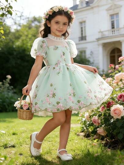 Young Girls' Elegant Puff Sleeve Rose Jacquard Lace Mesh Princess Dress, Girls' Summer Dress, New Fashionable Fairy Dress, Single Piece Set