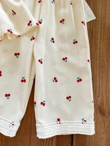 SHEIN Baby Girl Cherry Print Ruffle Top And Pants Casual Daily Outfit - Red - View 6