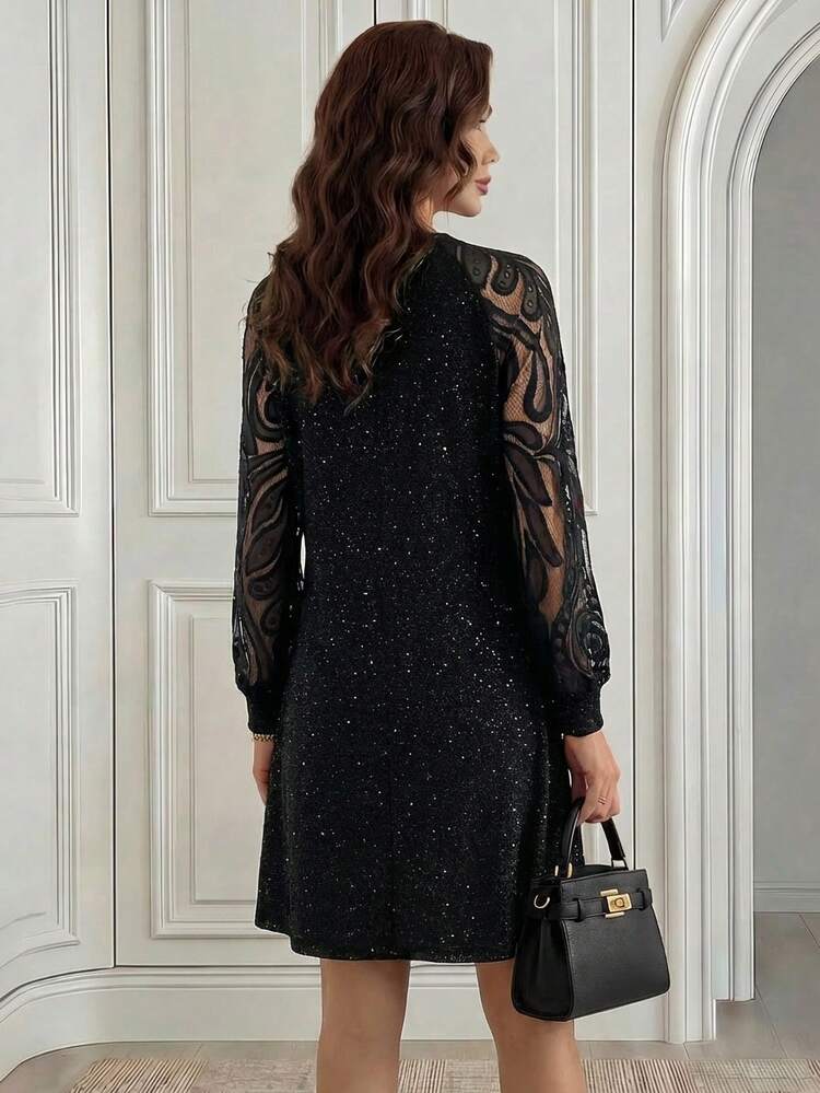 Women's Fashion Commuter Mesh Patchwork Mini Dress Black Glitter Dress Long Sleeve Elegant Dress Sparkly Black Dress Black Elegant Dress Women Black Sequin Dress Party Dress Lace Dress Going Out Outfit Fall Dresses Casual Dresses For Women,Party Dresses For Women,Christmas Party Dress New Year Dress New Year Clothes,Dresses For Women Elegant,Black Dress