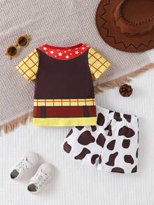 SHEIN Playful Pals 2件組 嬰幼兒男童可愛西部牛仔卡通圖案印花白色夏季短袖上衣與牛仔短褲套裝 生日穿搭 - 彩色 - 查看 4