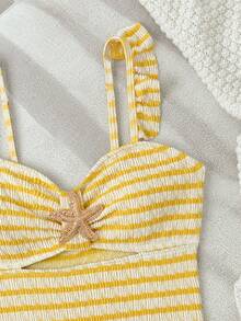 Bộ đồ bơi liền thân cho bé gái tuổi teen, màu vàng và trắng kẻ sọc, chất liệu vải co giãn đặc biệt. - Màu vàng - Xem 4